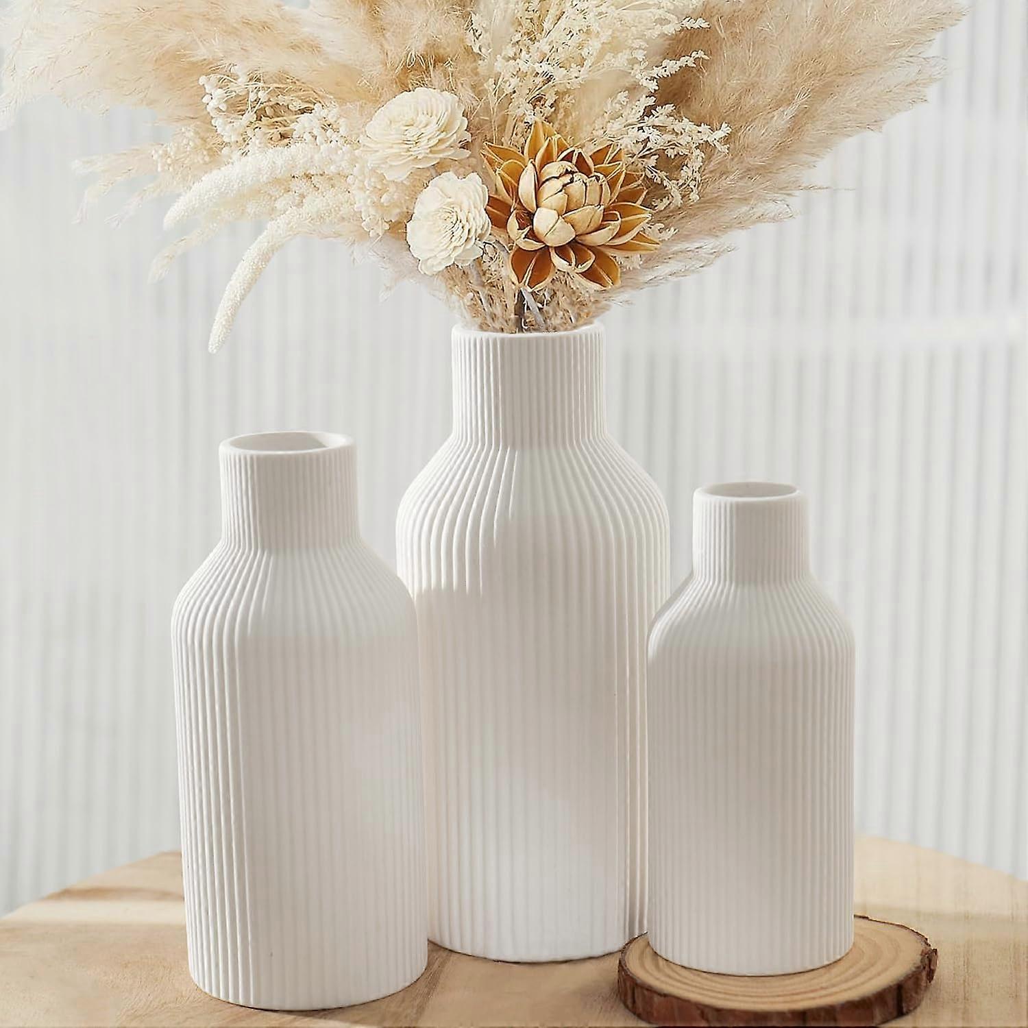 White dried ceramic vases, 3 modern minimalist flower vase sets for home decor, boho style