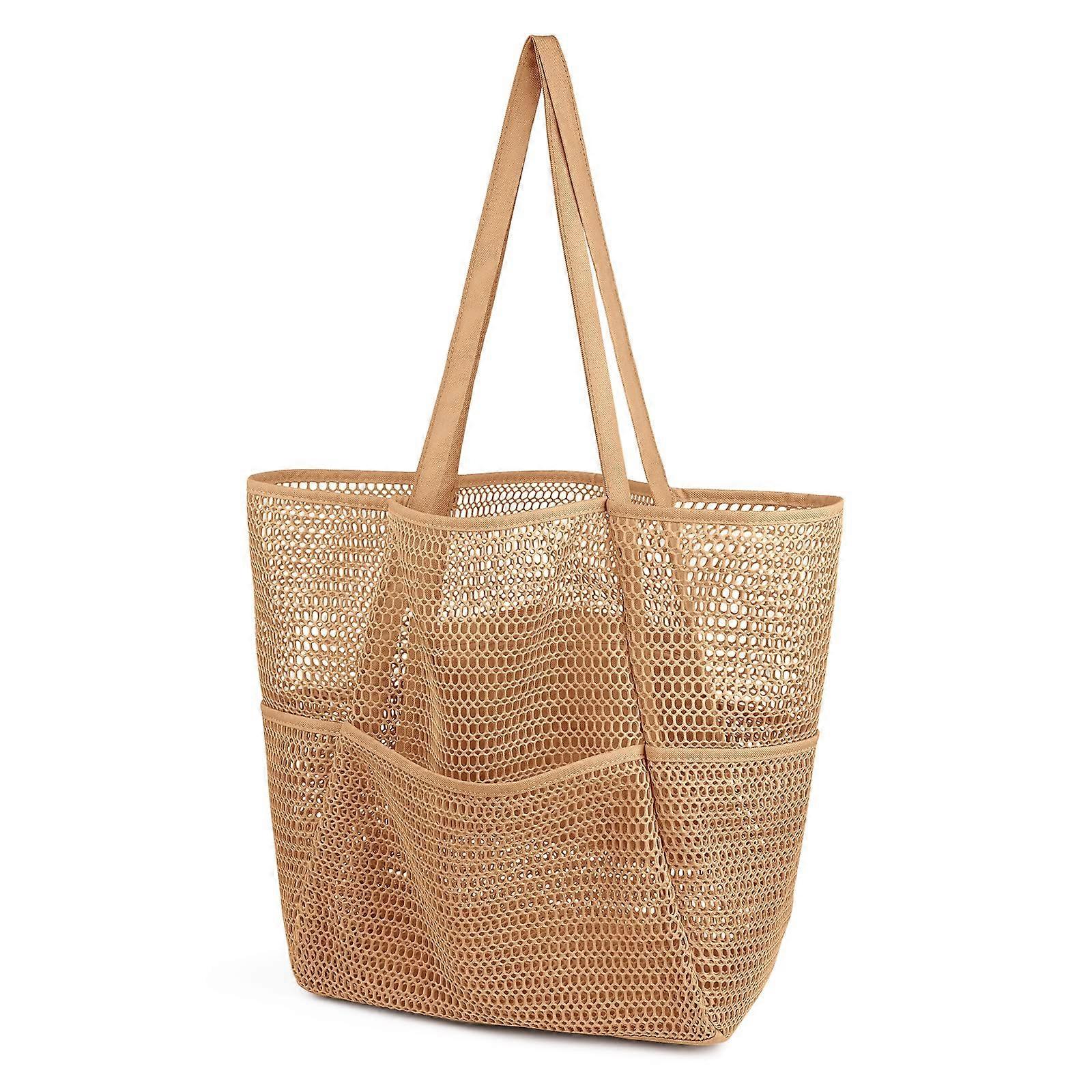 Mesh Beach Bag with Multiple Pockets, Large Knitted Shoulder Tote for Swimming, Picnics, and Holidays