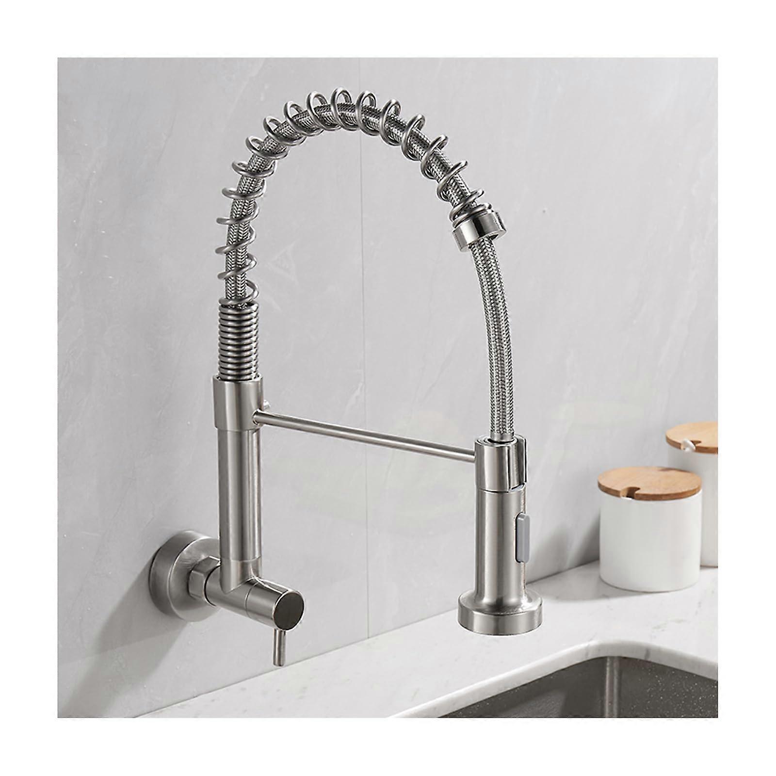 Kitchen Faucet With Pull Down Sprayer Brass High Arc 2 Mode Wall Mounted Single Handle Sink Mixer Taps Brushed