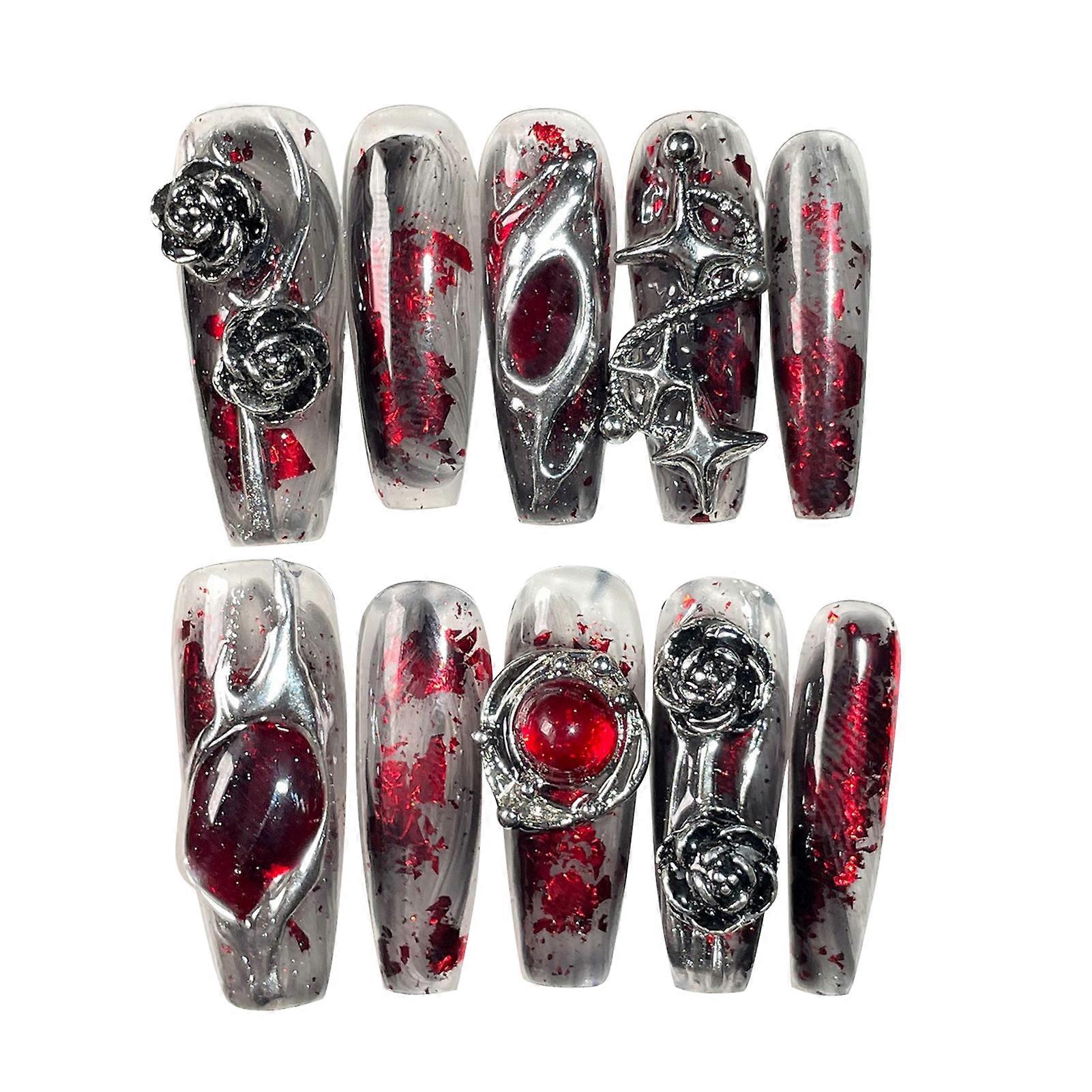 Unhas postiças de estilo gótico com sangue impresso resina material zero pressão na unha
