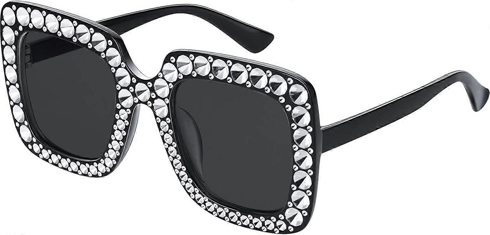 AVEKI Oversize Square Sparkling Solbriller Retro Thick Frame Solbriller, Sortgrå