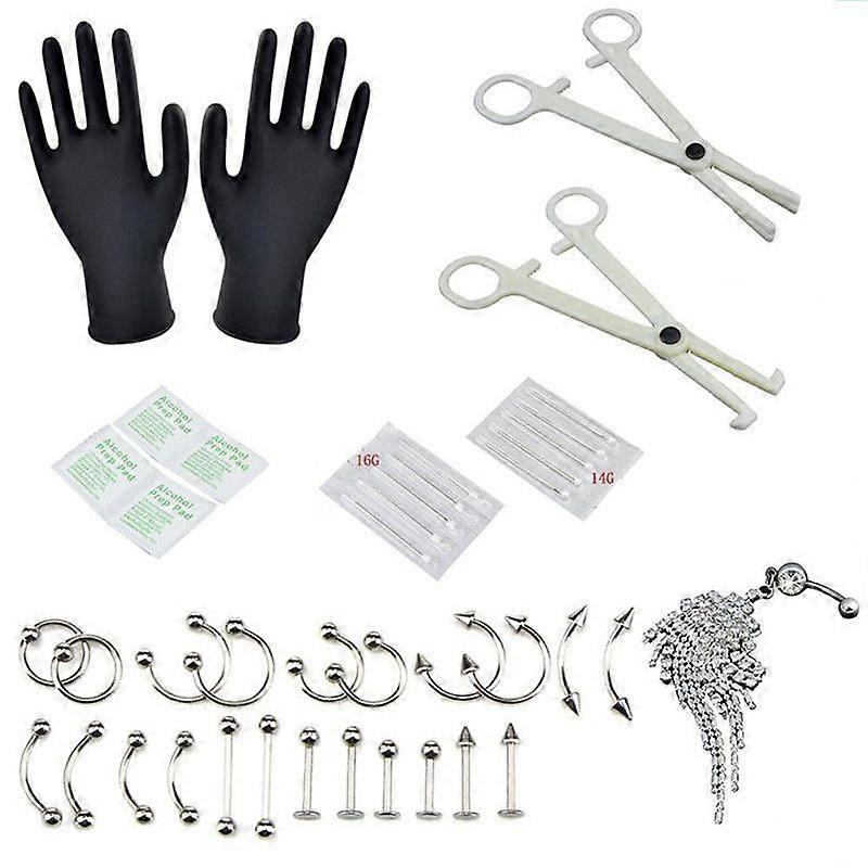 37Pcs/Set Body Piercing Tool Kit Ear Nose Belly Button Navel Nipple Needles