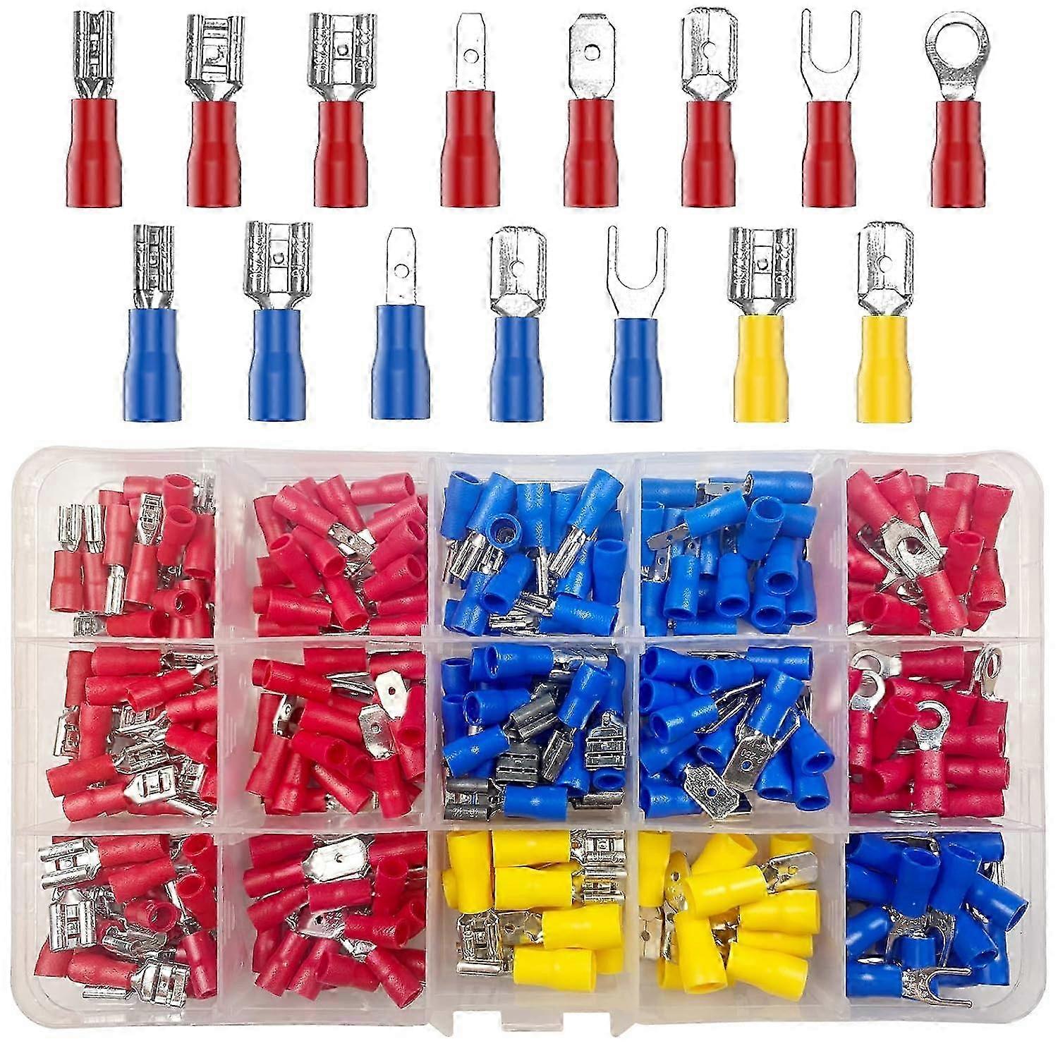 280pcs 15 Types Electrical Crimp Terminals with Insulating Sockets, Flat Ring Fork Connectors