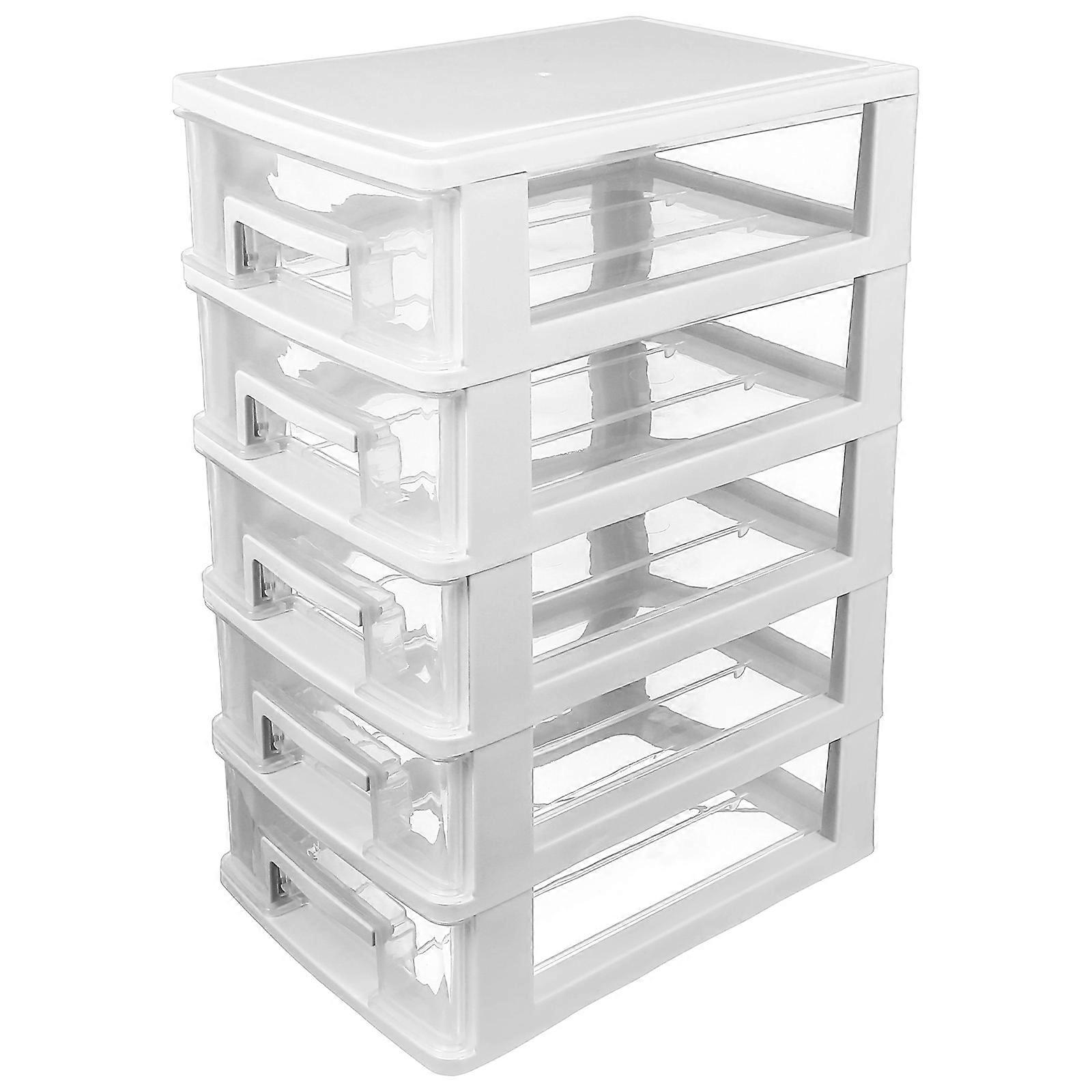 Multifunctional 5 Layer Transparent Plastic Storage Cabinet, Portable Sundries Organizer for Office and Home, Stylish White and Clear Design