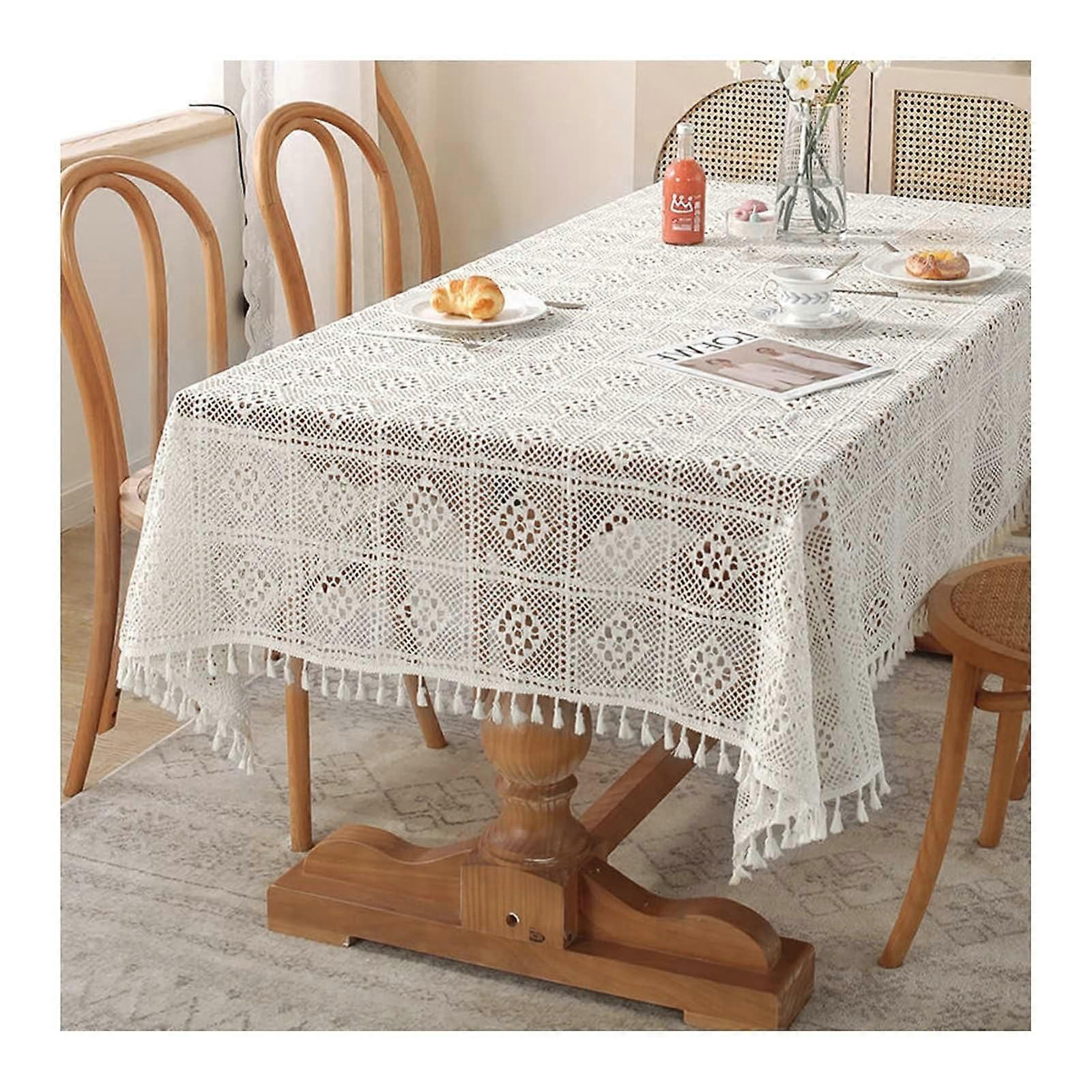 Toalha de Mesa Moderna de Poliéster Algodão, 140x220CM Lavável Oco Malha Toalha com Borlas, Capa de Mesa para Noivado, Branco 140x220CM Branco