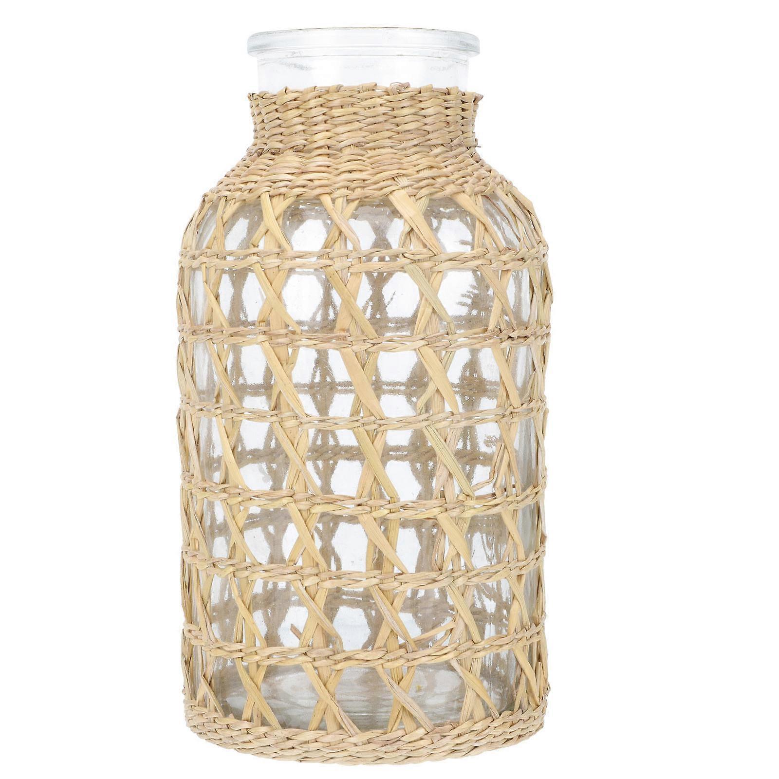 Decorative Rattan Woven Glass Vase for Desktop Flower Arrangement – Creative Home & Office Container for Hydroponics & Floral Displays