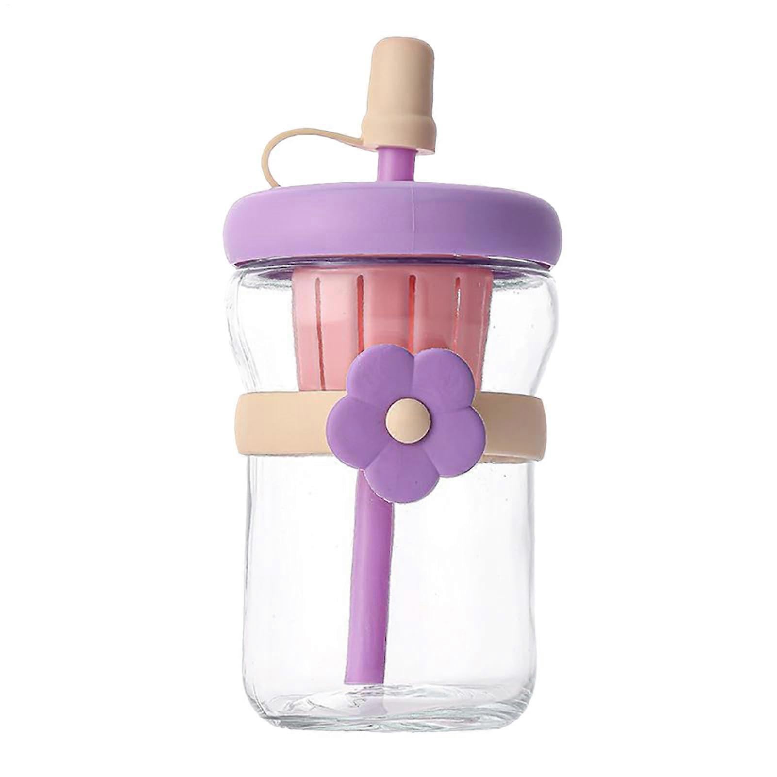 Glass Water Bottle Clear Glass Drinking Bottle Reusable with Straw and Lid, Large Capacity for Coffee, Tea, Milk, Juices, and Drinks, Purple