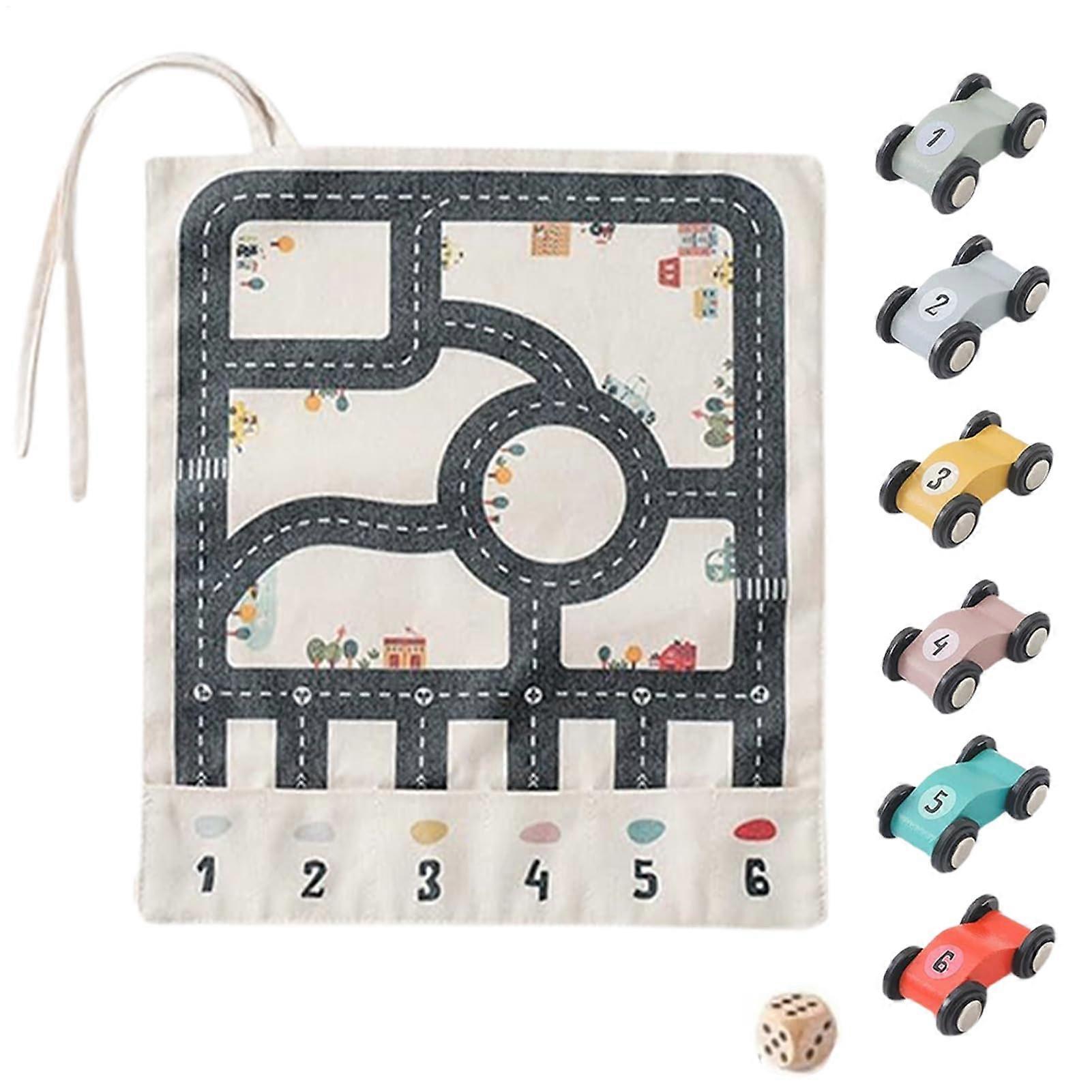 Wooden Car Toy Set, Maze Race Track, Canvas Play Mat, Interactive Family Game, Fine Motor Skills Development