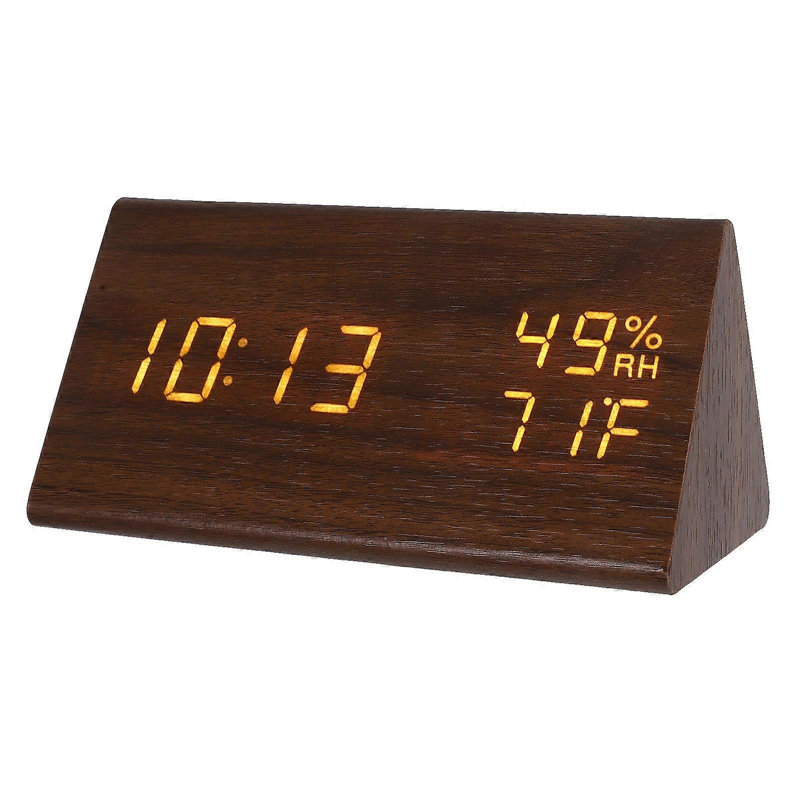 Triangle Wooden Digital Alarm Clock with Temperature & Humidity Display, Bright LED Desk Clock for Bedroom, Office, Nightstand Use