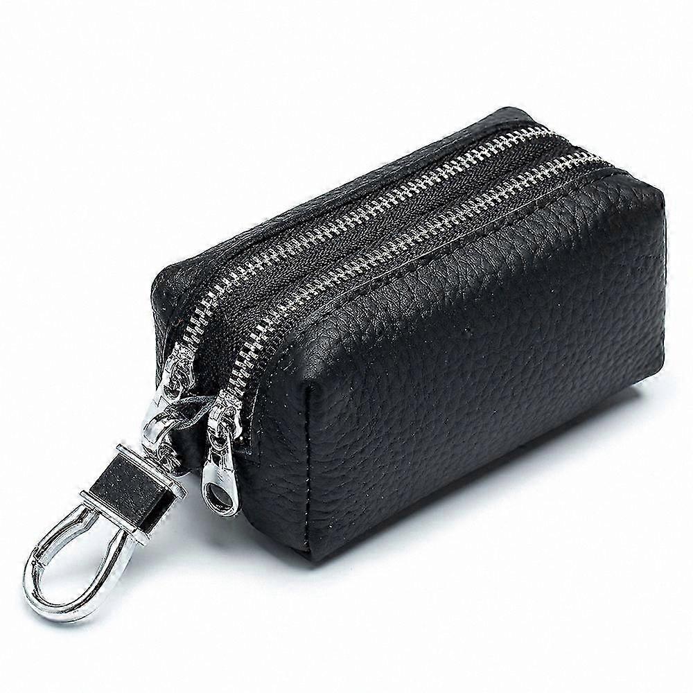 Leather Key Case with Double Zipper, Coin Purse and Metal Hook, Unisex Keychain Wallet in Black