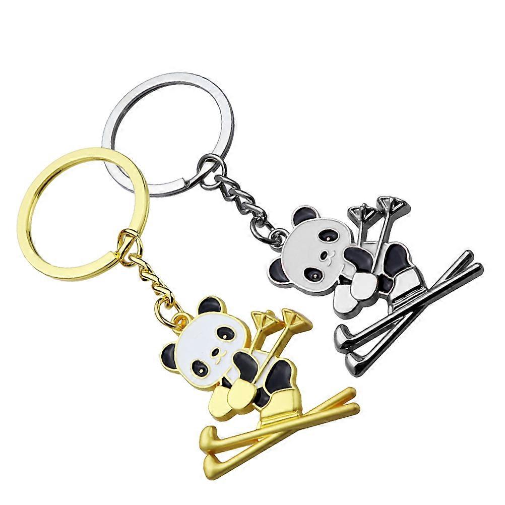 2pcs Skiing Panda Key Chains Key Pendants Key Decorations Golden Silver