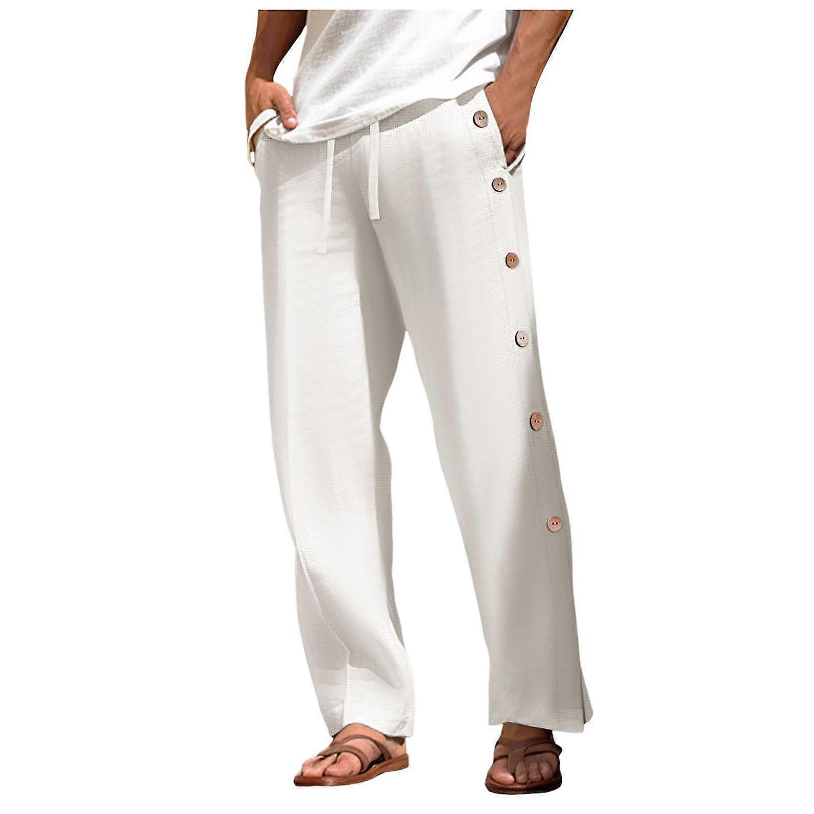 Hose Men's Long Wide Summer Pants Drawstring Yoga Pants with Pockets White XXL