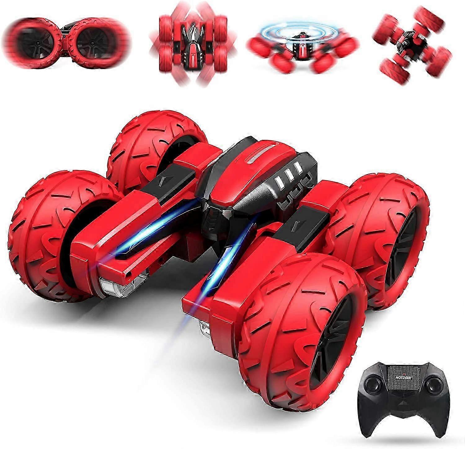 Electric 4WD Remote Control Car with 360 Rotation and LED Lights - Red Toy for Children