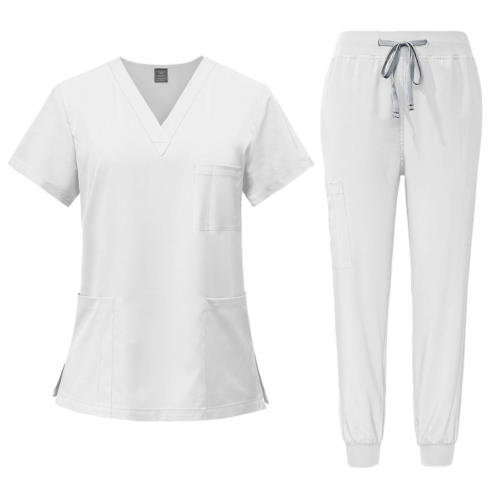 Medical Overalls Suit Vneck Shortsleeved with 3 Pockets Slim Pants Quickdrying Unisex DK05 M White
