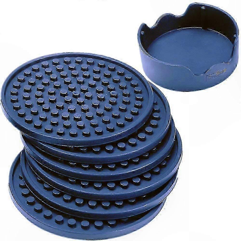 Silicone Drink Coasters Set of 6 with Holder, Large Size, Deep Condensation Trap, Furniture Friendly, Non-Slip Grip, Elegant Navy Design