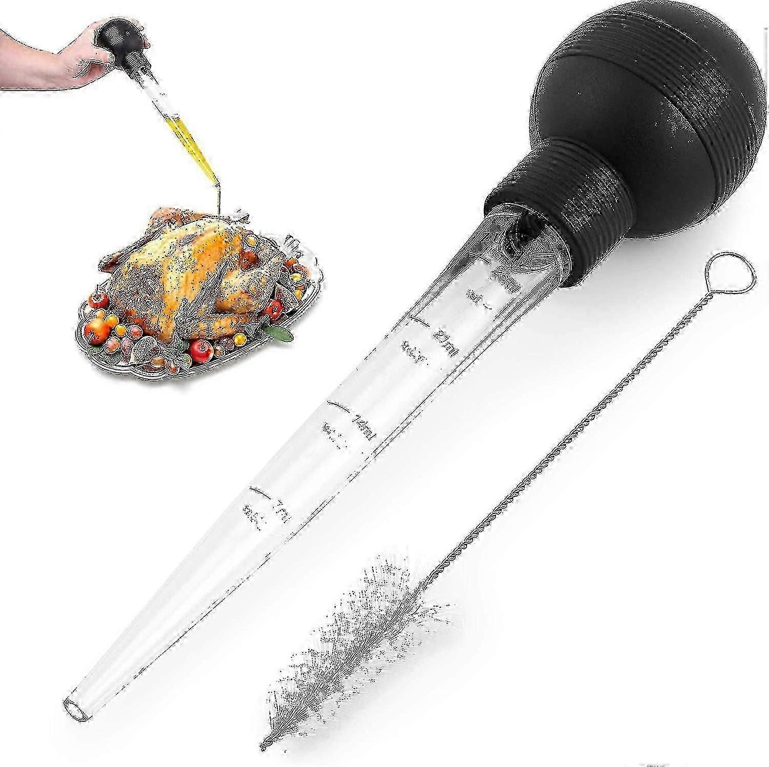 Turkey Baster With Cleaning Brush - Food Grade Syringe Baster For Cooking Basting With Detachable Round Bulb - Ideal For Butter Drippings, Glazes, R-G