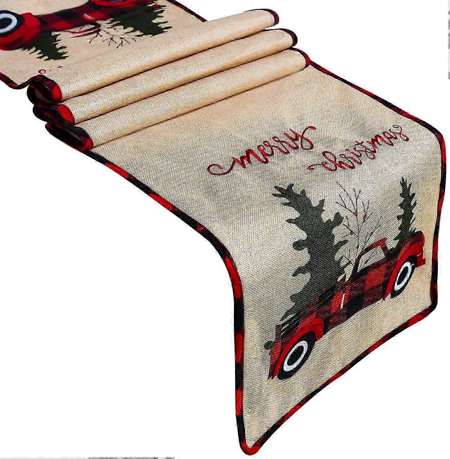Burlap Red Truck Christmas Table Runner, Merry Rustic Style, Tree Decorated Runner for Festive Tables