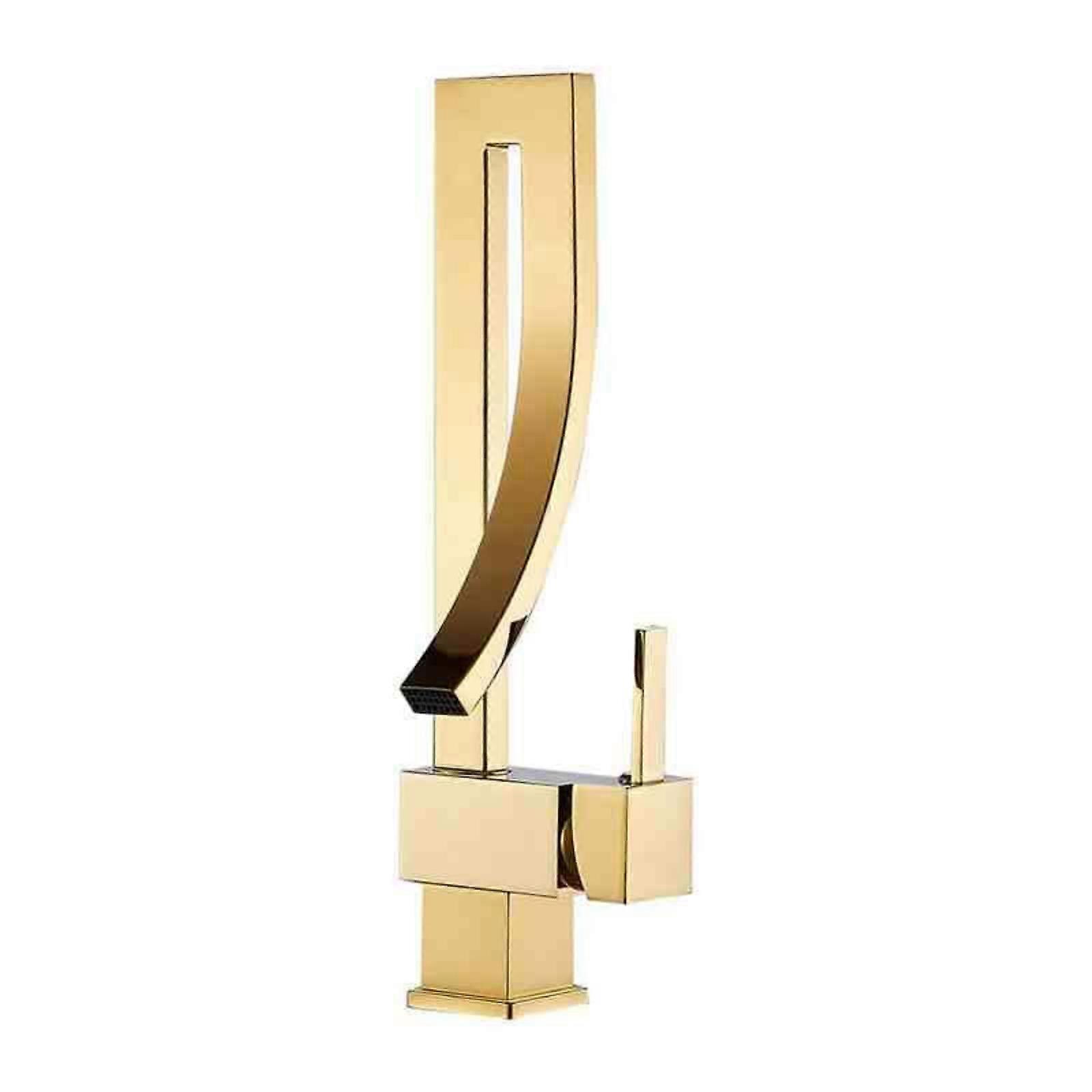 Brass Bathroom Square Basin Faucet Deck Mounted Sink Mixer Tap Hot And Cold Golden Finish