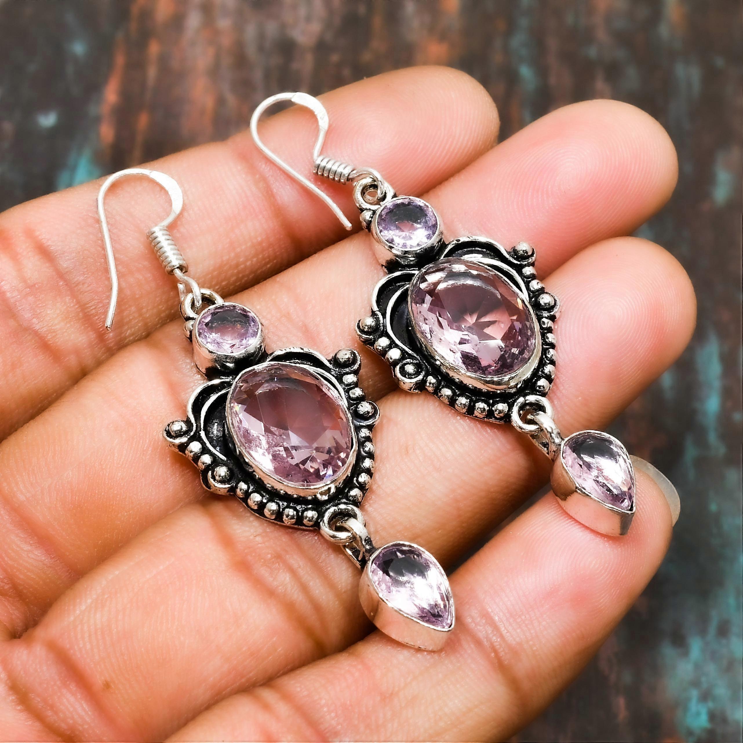 Pink Kunzite, Gemstone Handmade Solid 925 Sterling Silver Jewelry Earring