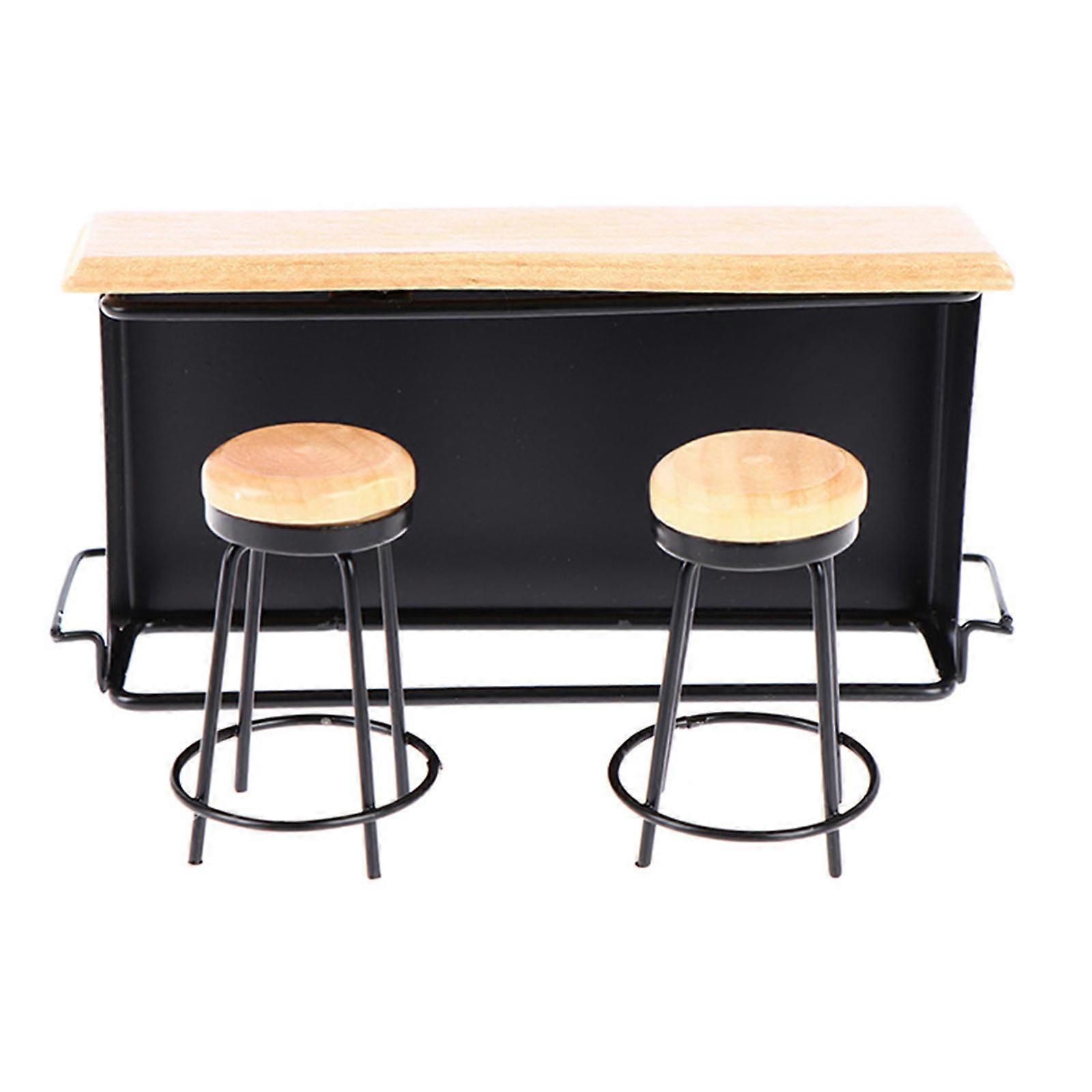 Pack Of 3 Miniature Doll House Bar Counter Set With 2 Bar Stools Metal Frame Wood Top Table 1/12 Model Scene Accessories Multicolor