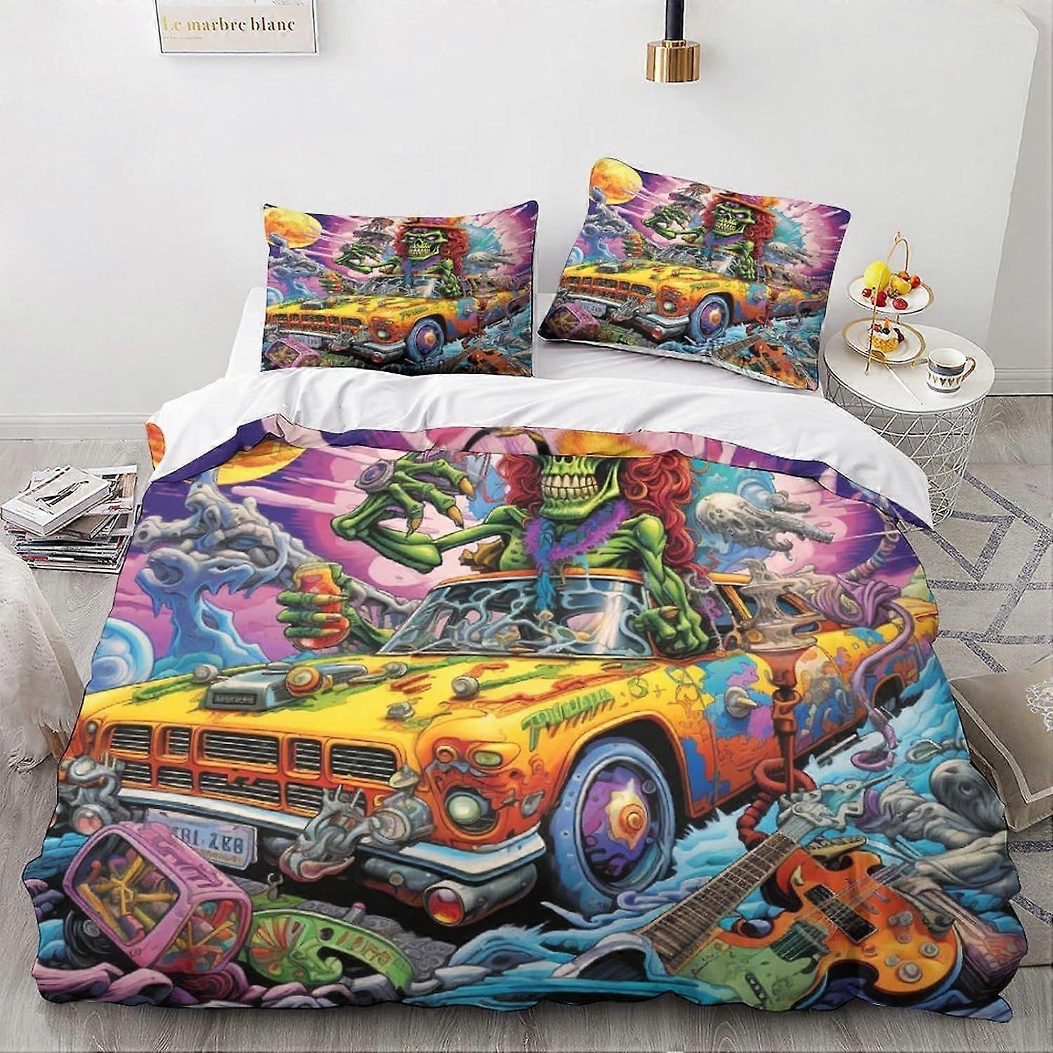 LikeEj Monstros Capa de edredom com fronhas carro vintage Padrão dos desenhos animados Roupa de cama com zíper Fechamento Capa macia de microfibra