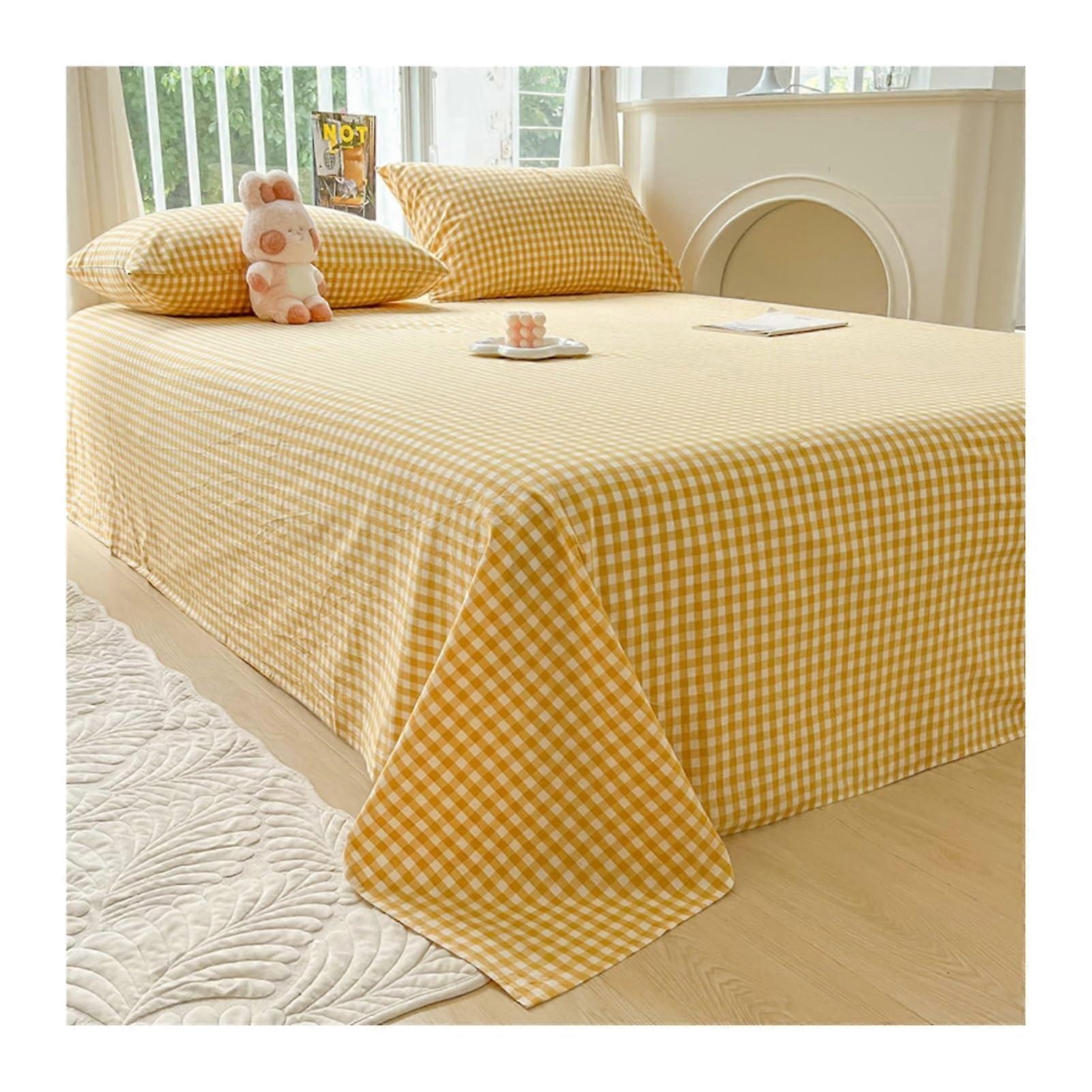 Washed Cotton Flat Sheet Set with Pillowcases  Soft Breathable Bedding for King Size Bed Yellow B 200x230cm