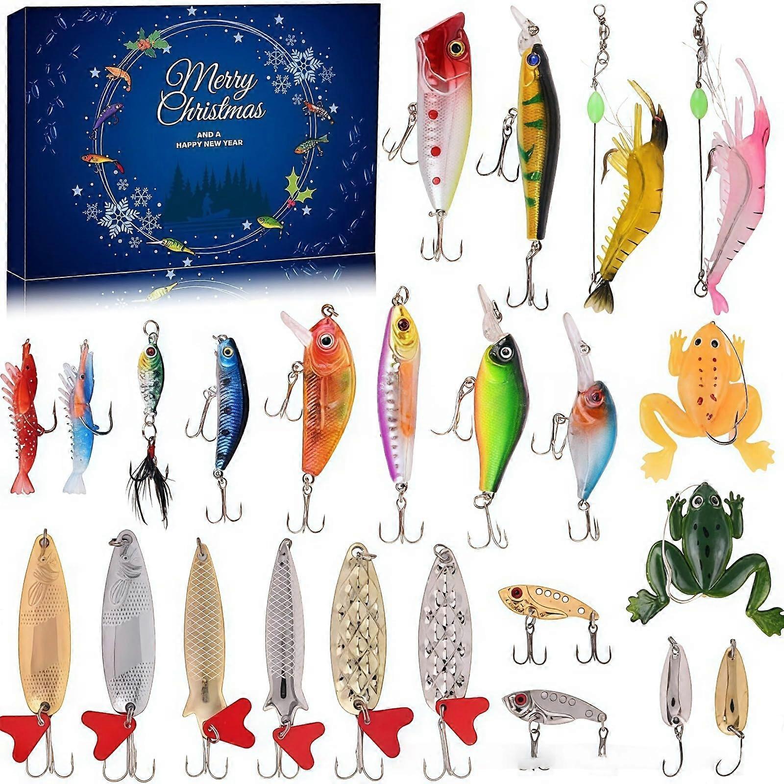 Christmas Fishing Lure Advent Calendar Set with Crankbaits Spinnerbaits Soft Baits for Freshwater Saltwater Anglers