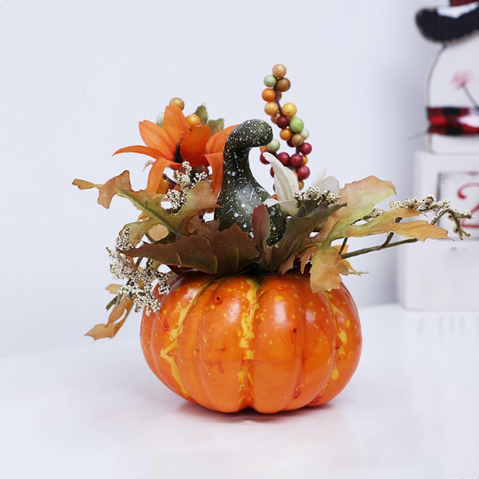 Artificial Pumpkin Autumn Decor with Sunflower and Green Melon for Thanksgiving Halloween Table