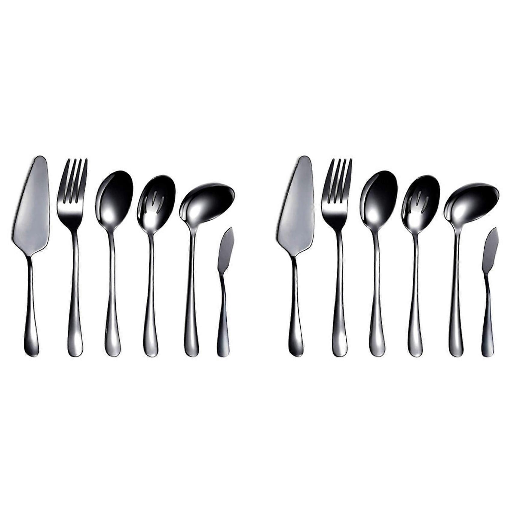 12-Piece Serving Flatware Silverware Set, Serving Utensil Set,Include Cake Server, Slotted Serving Spoon Black