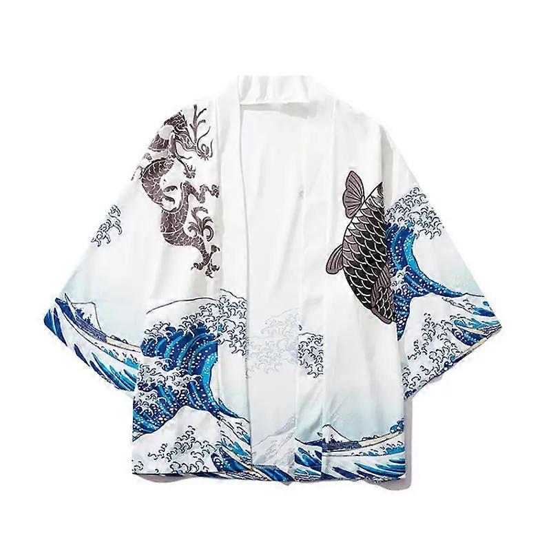 Cardigan Kimono �� motif de carpe ondul��e verte pour hommes et femmes, v��tements traditionnels japonais, manteau de plage imprim�� grande tail