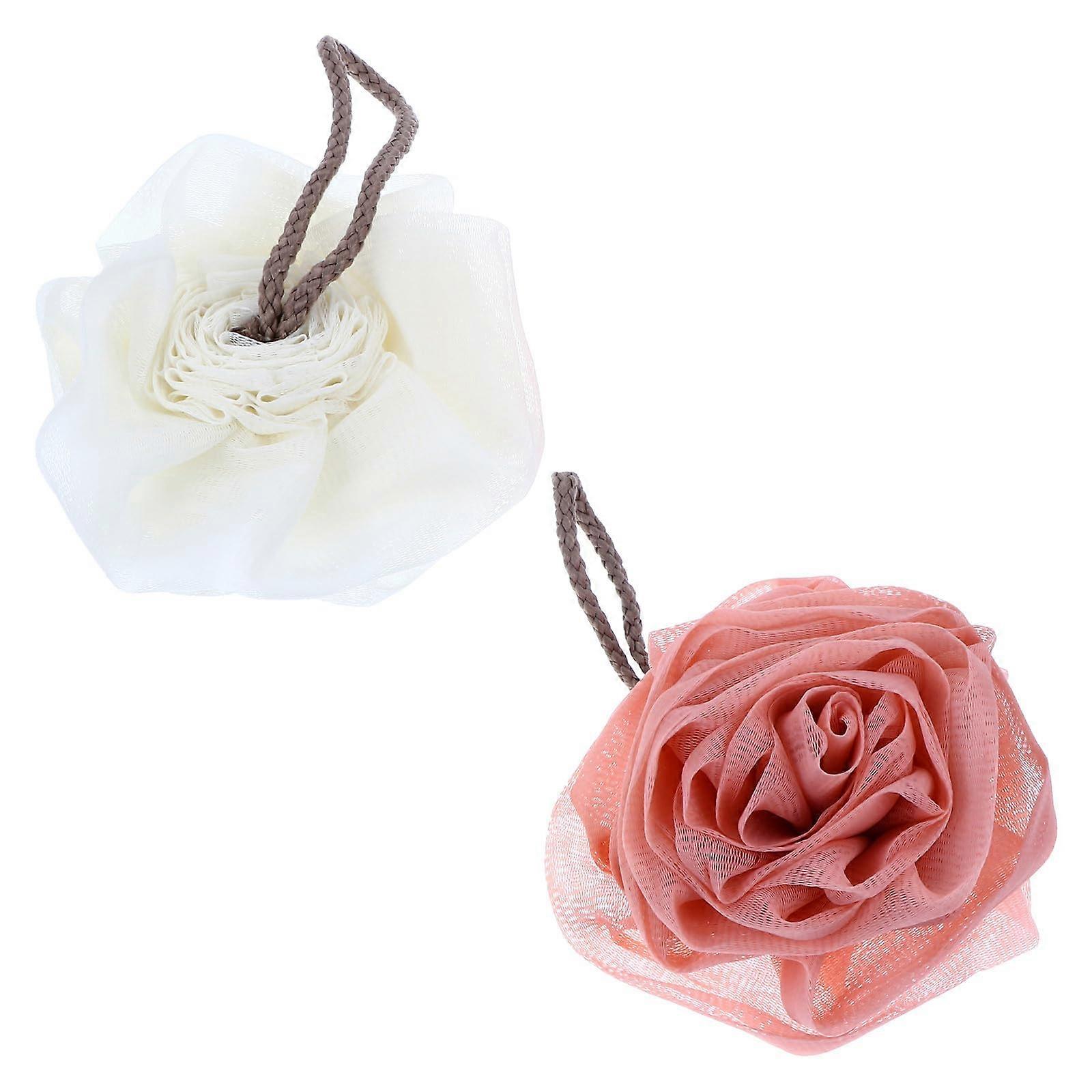 Bath Loofah and Shower Pouf Set, Gentle Exfoliating Mesh Sponges with Flower Design and Hanging Rope