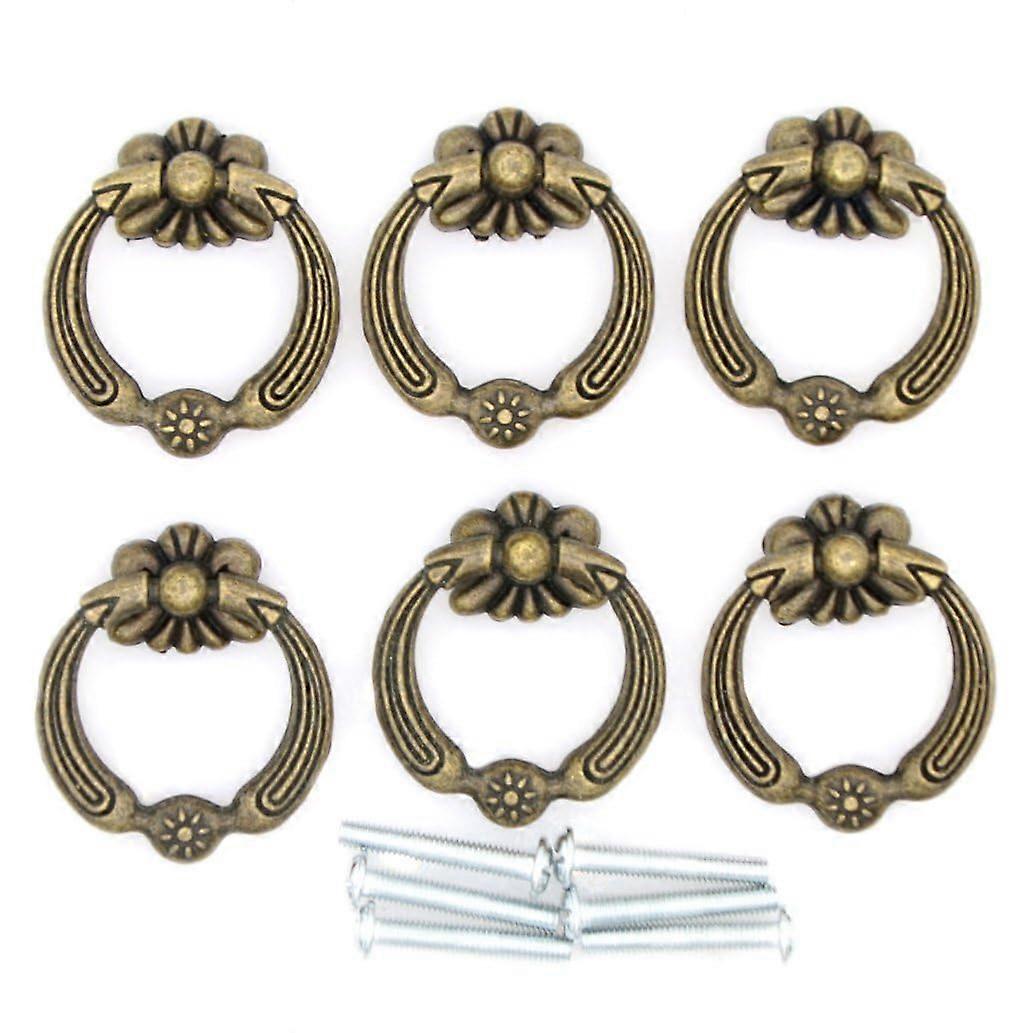 6pcs Cabinet Ring Pull Handles Antique Brass Vintage Flower Base Zinc Alloy Drawer Knobs
