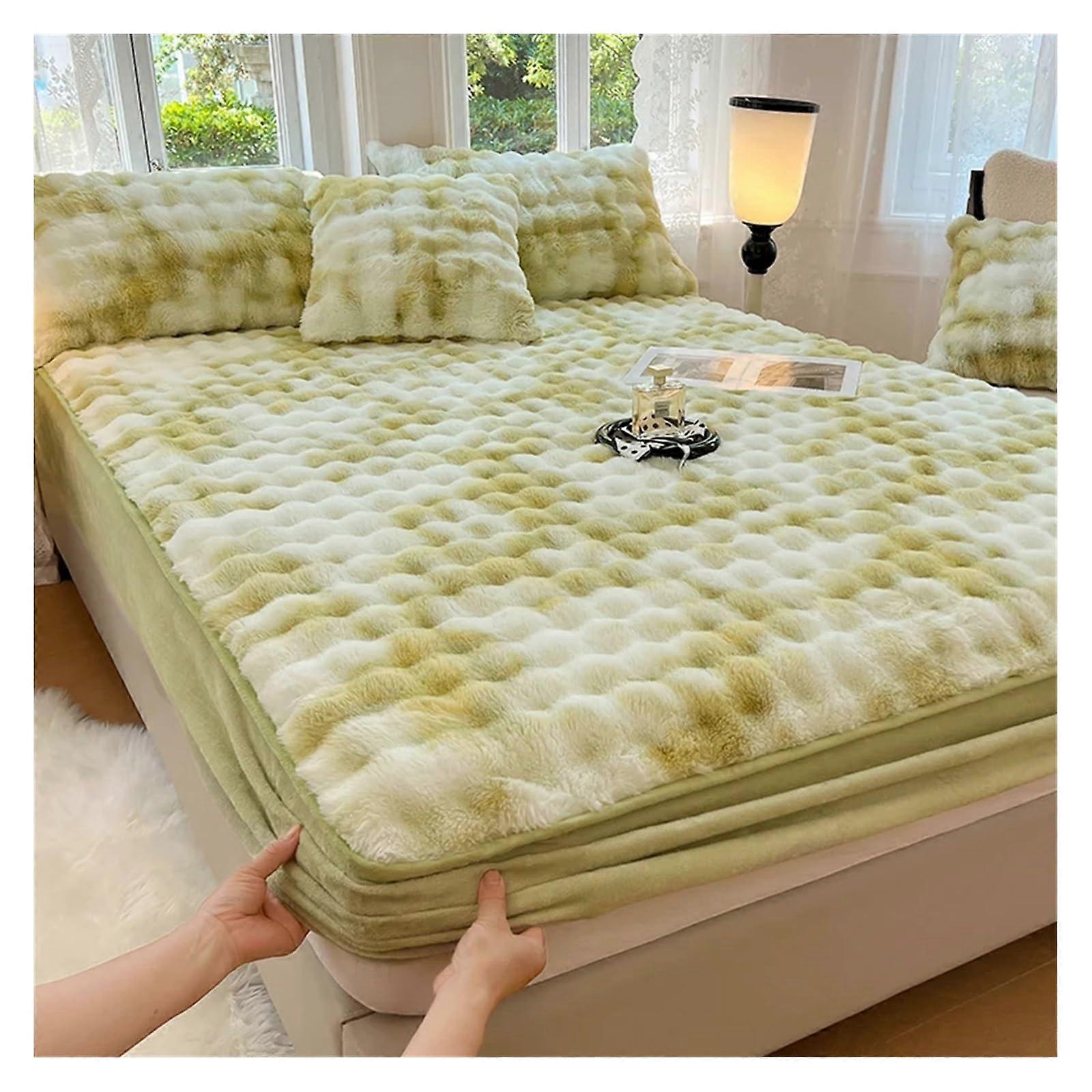 Soft Warm Plush Fitted Bed Sheet 120x200cm Green Elastic Mattress Cover for Winter