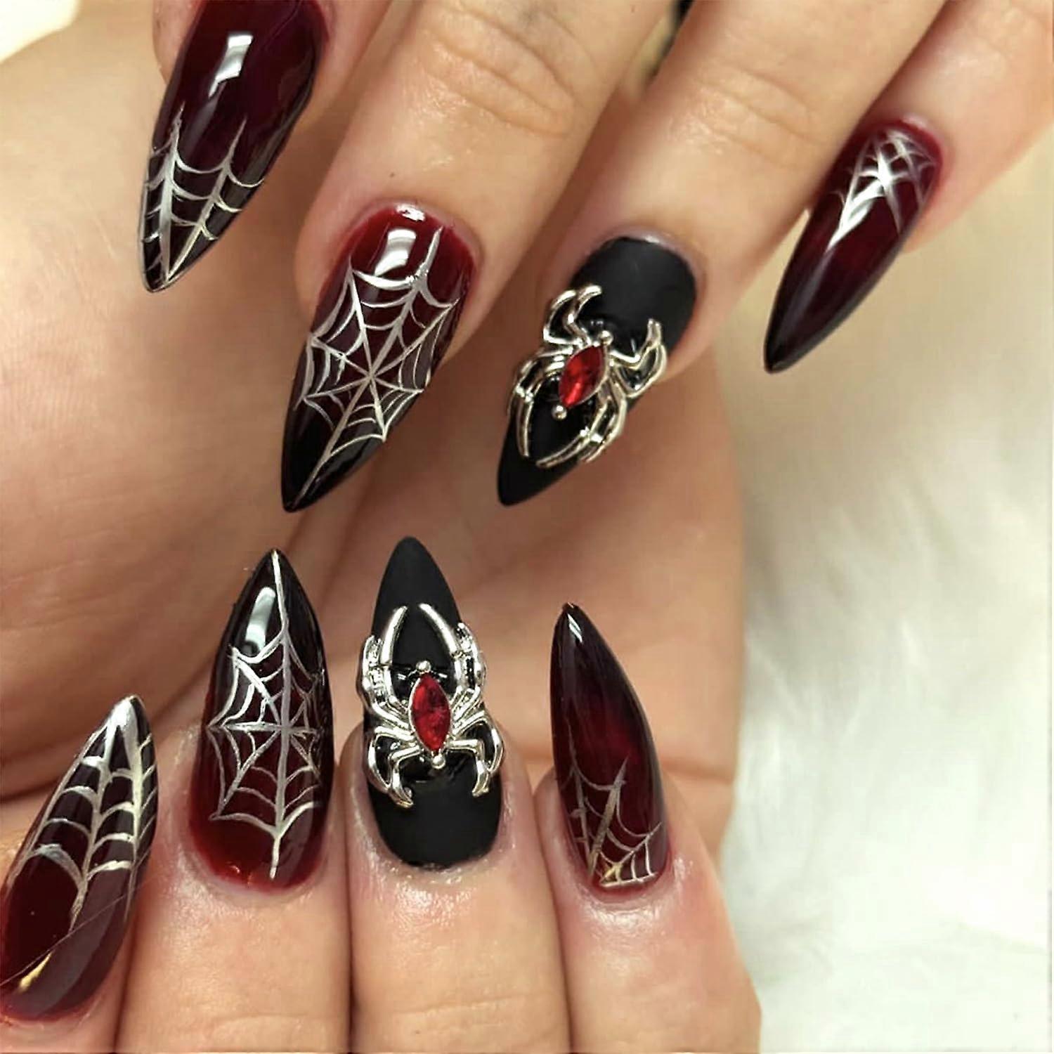 Halloween Press On Nails with 3D Spider Web Design, Medium Oval Acrylic False Nails, Reusable Set