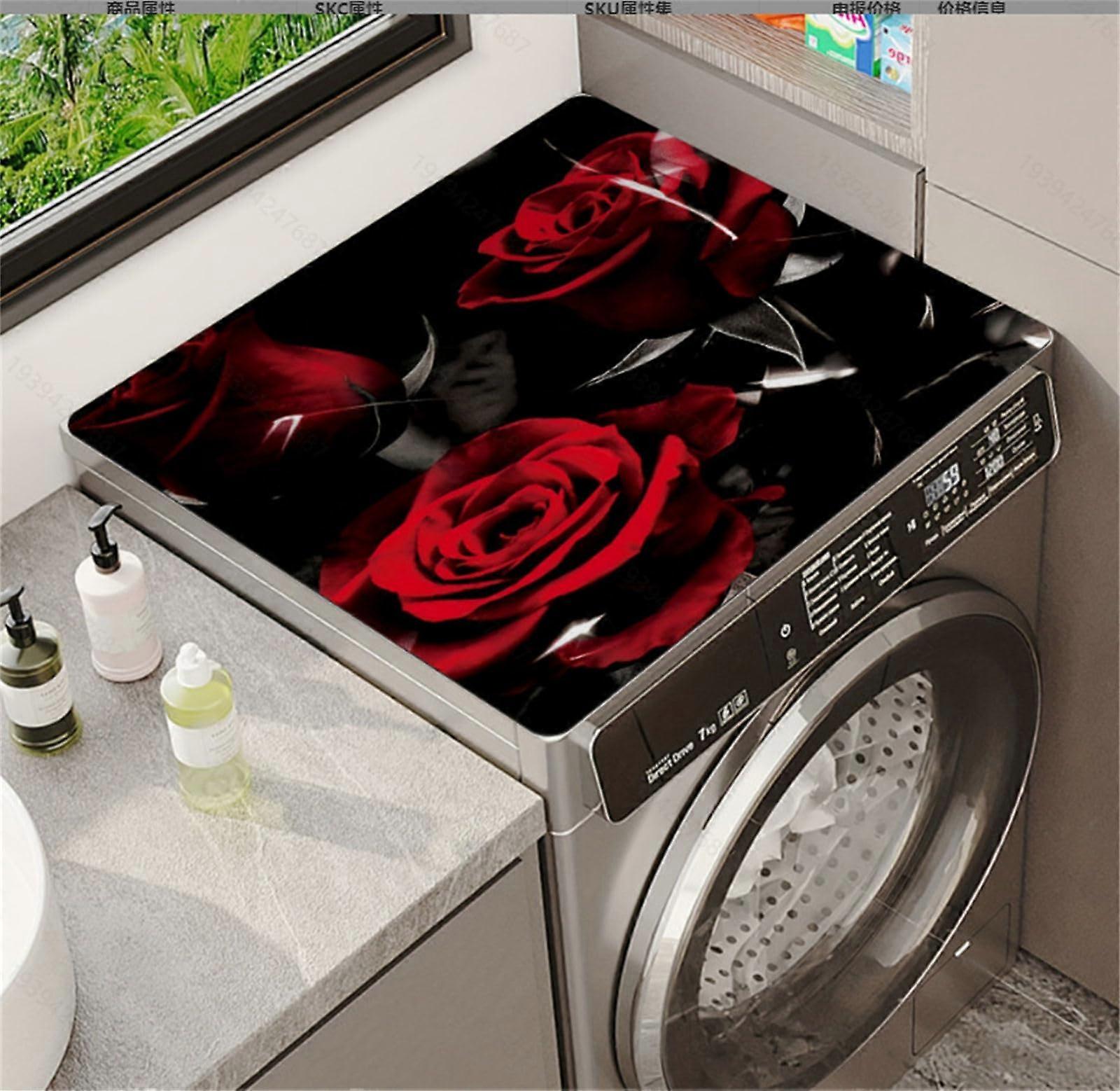 Washer and Dryer  Cover 50x50cm Red Rose Pattern Dust Proof AntiSlip Quick Dry Mat