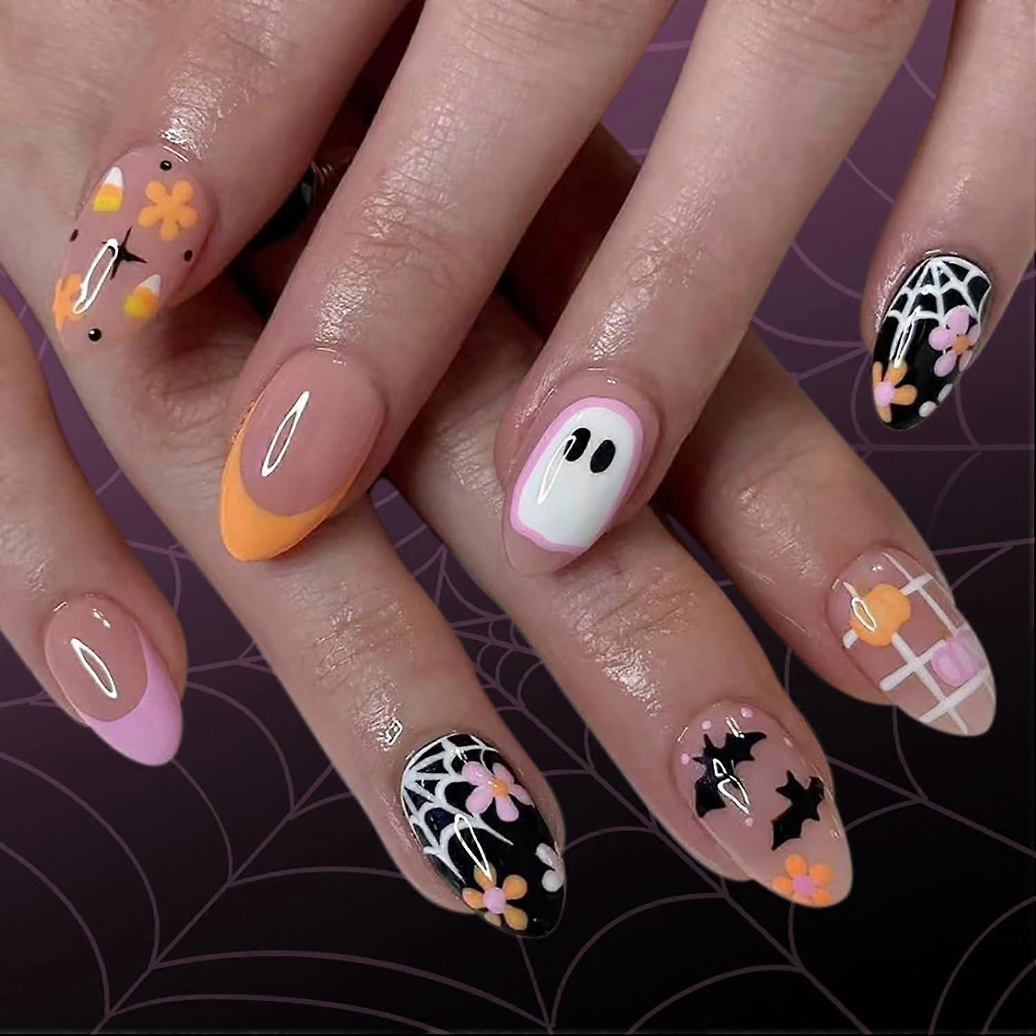 Halloween Press On Nails Acrylic False Nails Medium Almond with Pumpkin Ghost Designs 24pcs