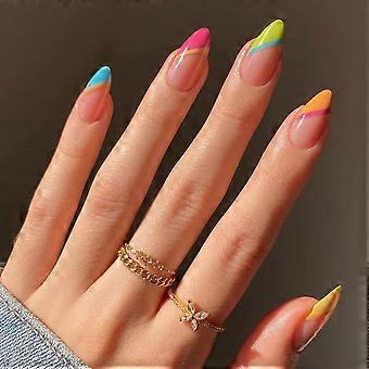 24pcs Press On Nails Set with Wave Glitter Design, Reusable Medium Short French Full Cover