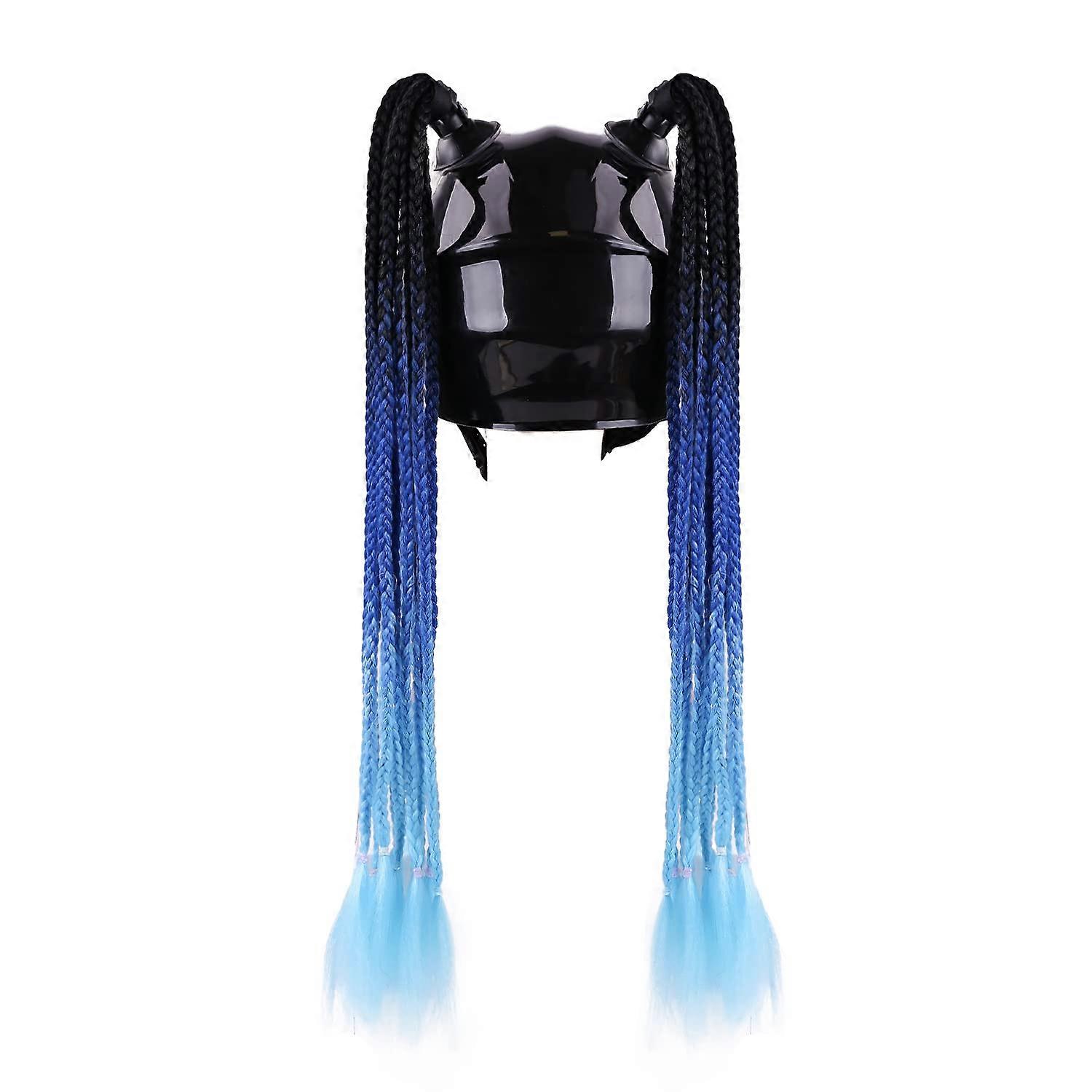 Motorcycle Helmet Pigtail Braids 24 Inch Black Blue Gradient Ponytail with Secure Suction Cup
