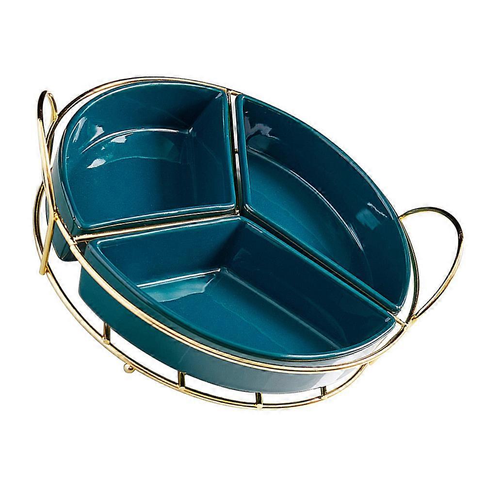 Multi-Purpose Fruit Tray Ceramic Snack Plate with Rack Three-Grid Storage