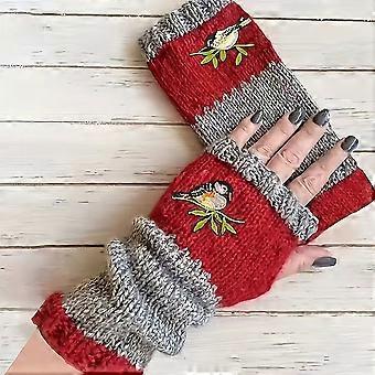 Stickade fingerlösa varma handskar med broderad fågel för kvinnor