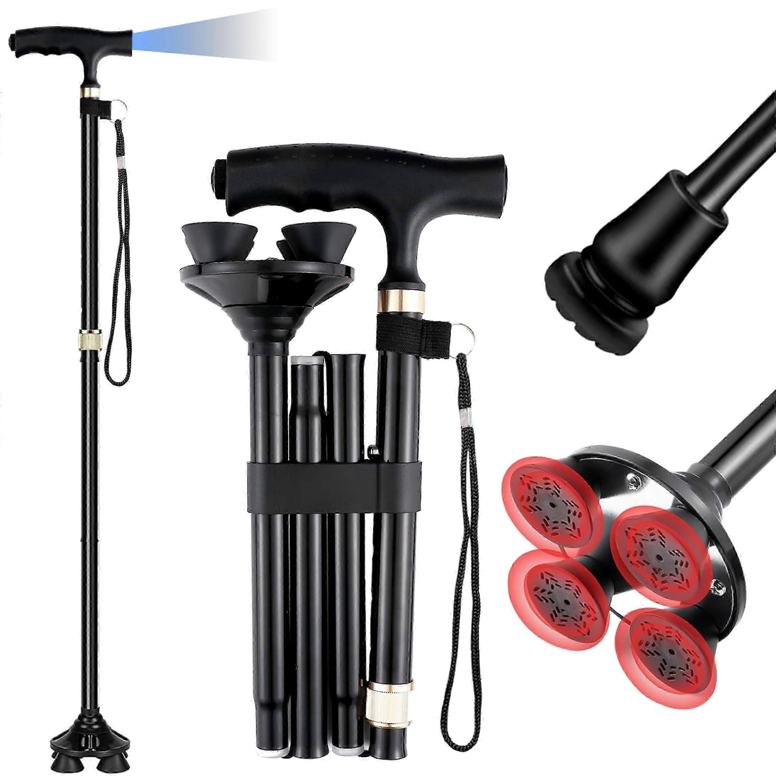 Folding Walking Cane with LED Light, Adjustable Height, Ergonomic Grip, Black