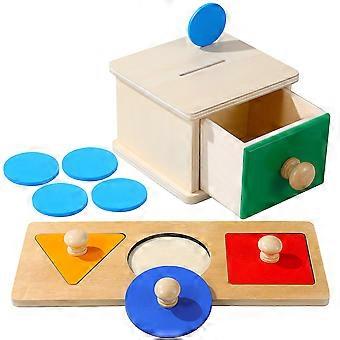 2 sæt Montessori-legetøj til småbørn Træmøntkasse Objekt Bestandighedskasse med geometriske puslespil Brædder Pædagogisk legetøj til babyer