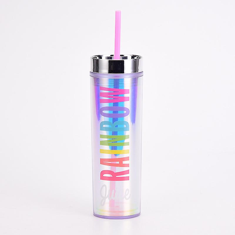 16oz plastic straw cup creative straight body water cup magic color electroplating lid double layer plastic cup