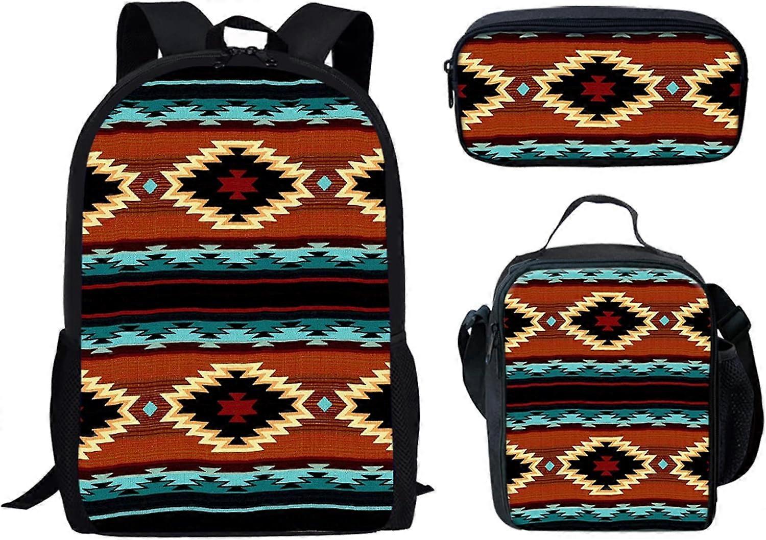 Native African Aztec Navajo Print sac à dos Combo Set, sac à dos adolescent préscolaire + boîte à lunch + étui à crayons léger