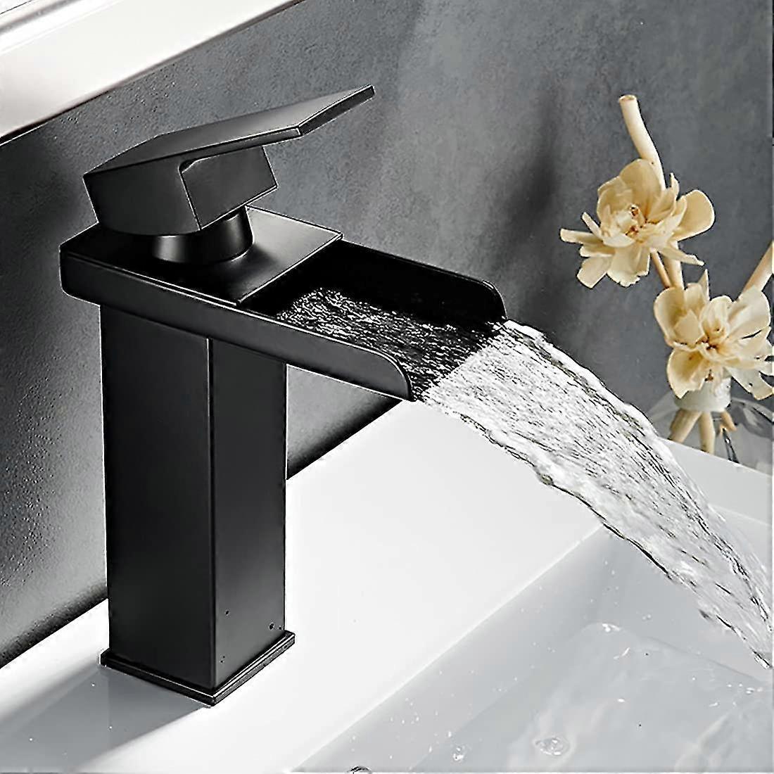 Bathroom Faucet Black Waterfall Bathroom Faucet Rectangular Single Hole Ceramic Cartridge Hot Cold Adjustable Square Mixer Tap For Basin Basin Stainle