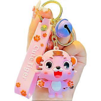 Mannen Vrouwen Meisje Schattig PVC Tijger Sleutelhanger Creatief Nieuwjaar Cadeau Dierlijke Hanger Auto Sleutel Hanger Metalen Sleutelhanger-Roze