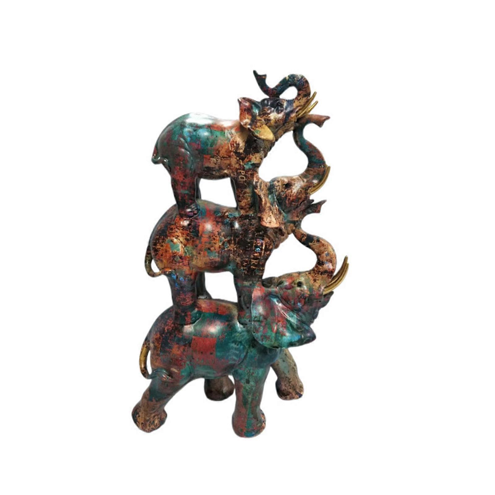 Stacked Elephant Statue Decorative Figurine for Table Centerpiece Desk Shelf Brown Green