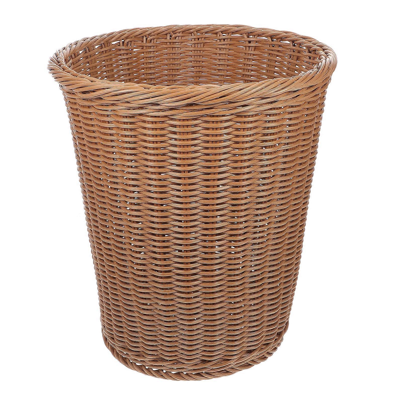 1Pc Simulation Rattan Woven Trash Container Trash Basket Wastebasket (Beige)