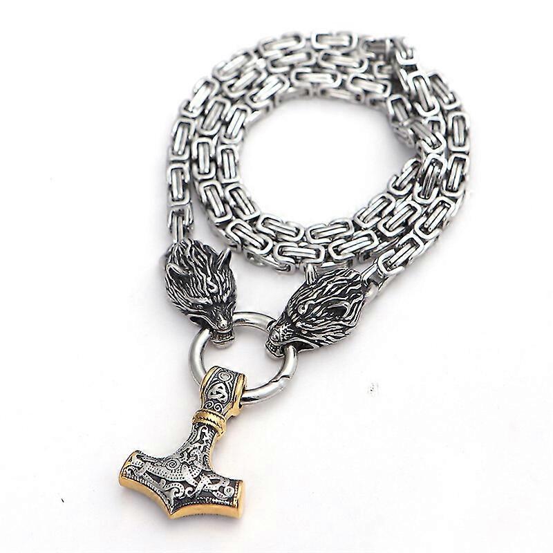 Stainless Steel Wolf head Necklaces Men Norse 's Hammer Mjolnir Pendant Scandinavian King Chain Viking Jewelry