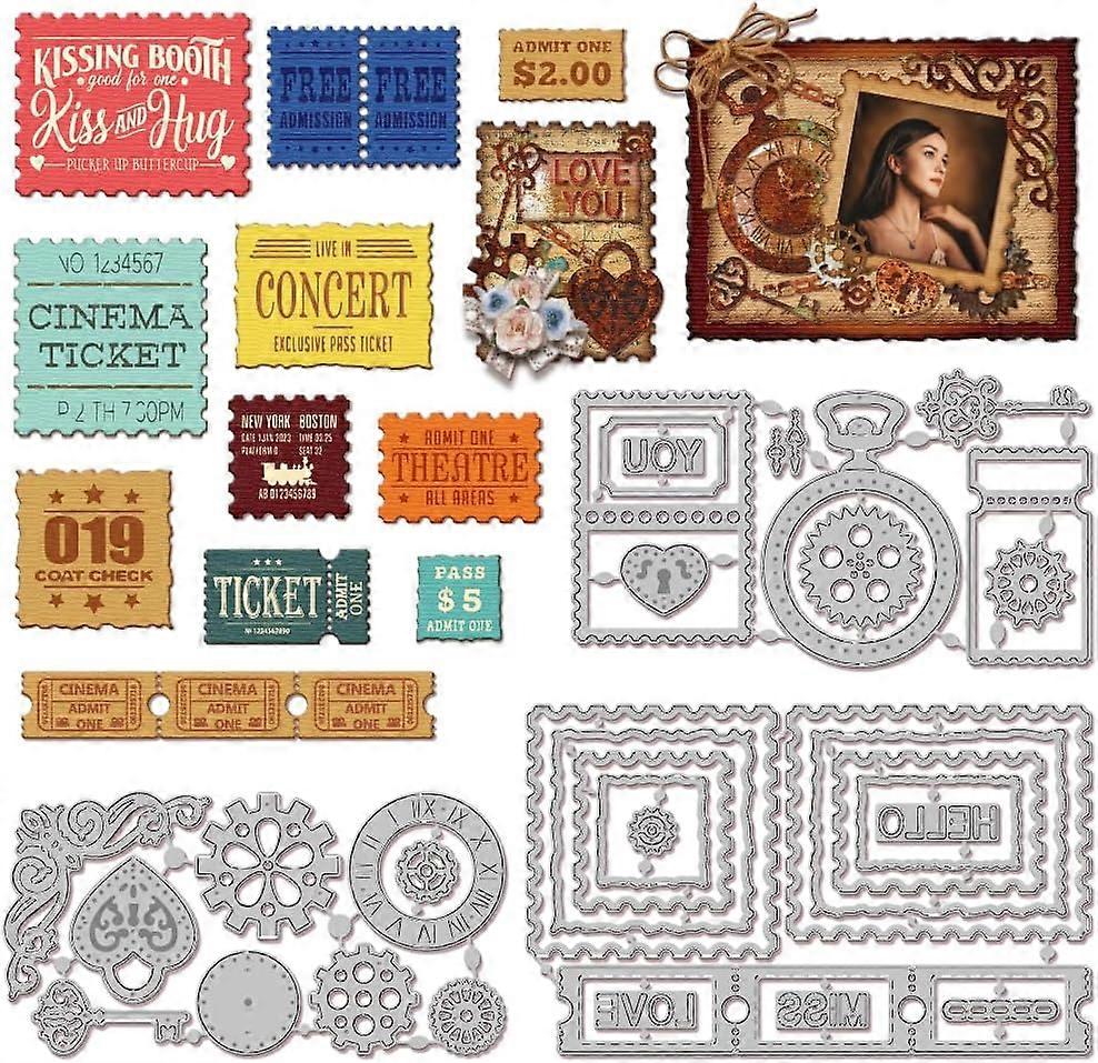 Retro Clock Key and Frame Cutting Dies for Card Making Metal Die Cuts Vintage Photo Lace Frame Tag Cutting Dies Templates for Scrapbooking Journal Emb